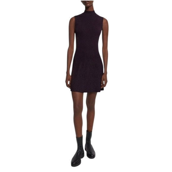 THEORY Cutout Metallic Ribbed Knit Fit-and-Flare Sleeveless Dress In Merlot - Picture 3 of 16